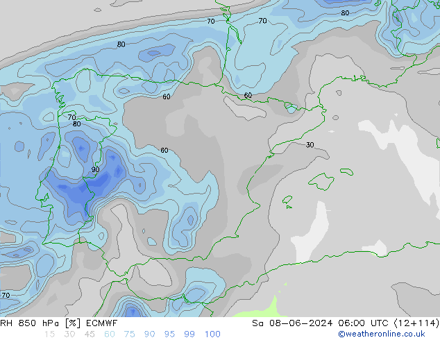 RH 850 hPa ECMWF so. 08.06.2024 06 UTC