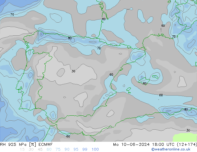 RH 925 hPa ECMWF Po 10.06.2024 18 UTC