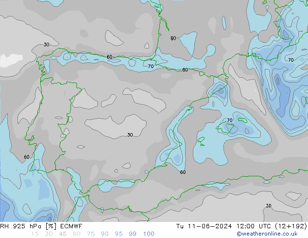 Humidité rel. 925 hPa ECMWF mar 11.06.2024 12 UTC