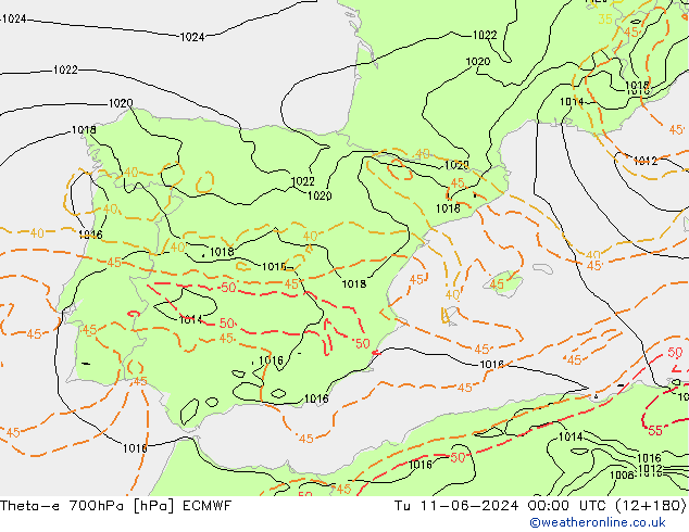 Theta-e 700hPa ECMWF di 11.06.2024 00 UTC