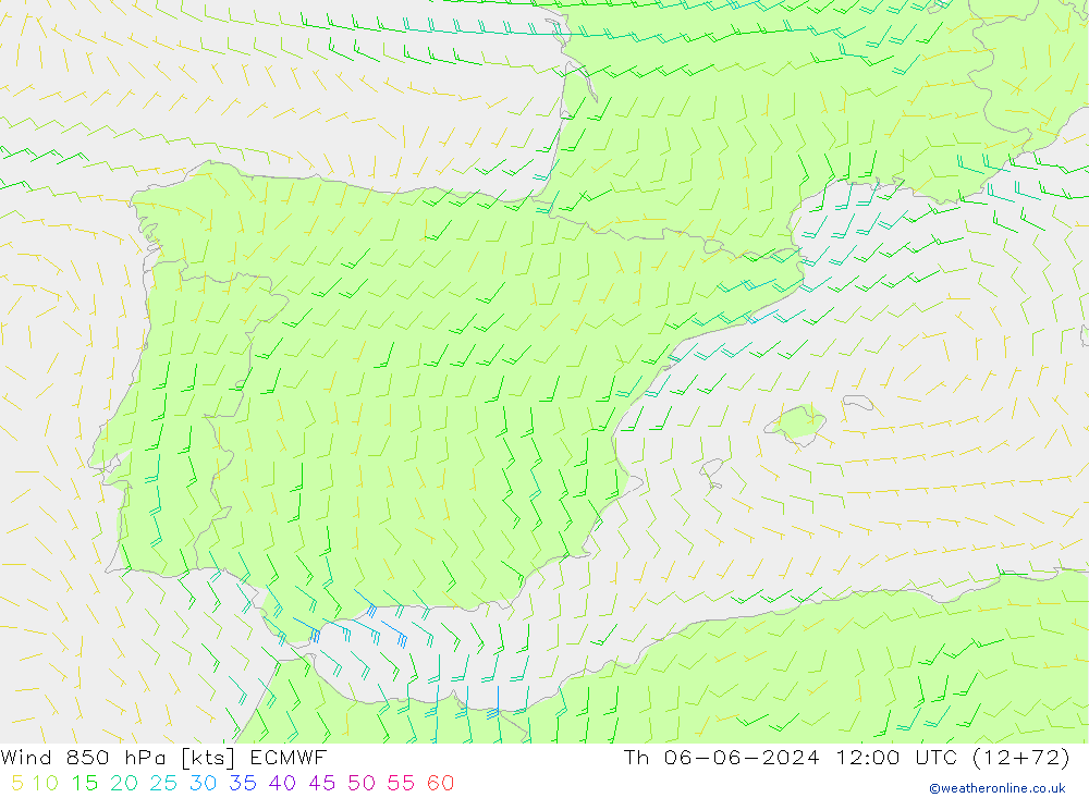 Vento 850 hPa ECMWF gio 06.06.2024 12 UTC