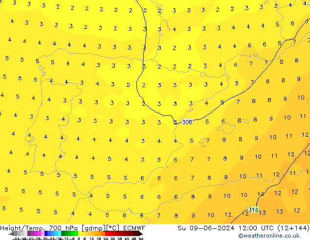 Height/Temp. 700 гПа ECMWF Вс 09.06.2024 12 UTC