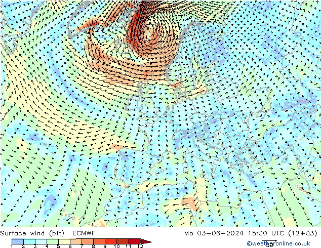 Bodenwind (bft) ECMWF Mo 03.06.2024 15 UTC