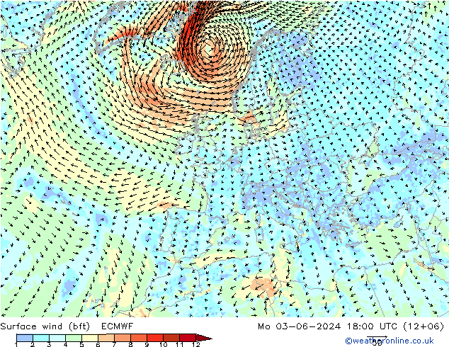 Bodenwind (bft) ECMWF Mo 03.06.2024 18 UTC