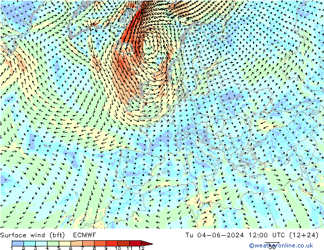 Rüzgar 10 m (bft) ECMWF Sa 04.06.2024 12 UTC