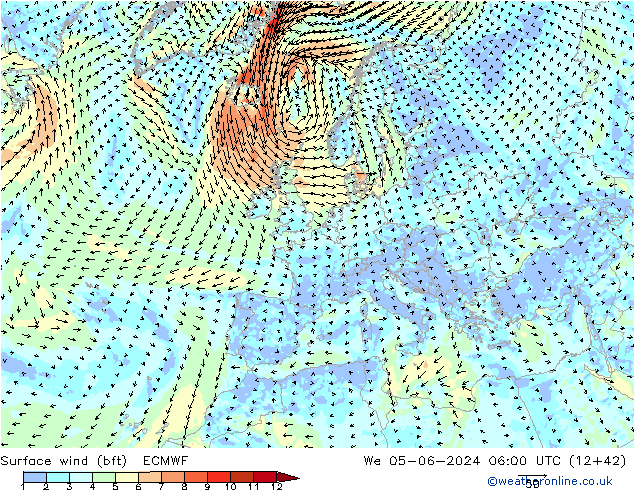 Wind 10 m (bft) ECMWF wo 05.06.2024 06 UTC