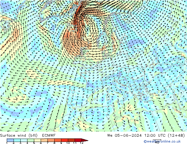 Surface wind (bft) ECMWF We 05.06.2024 12 UTC