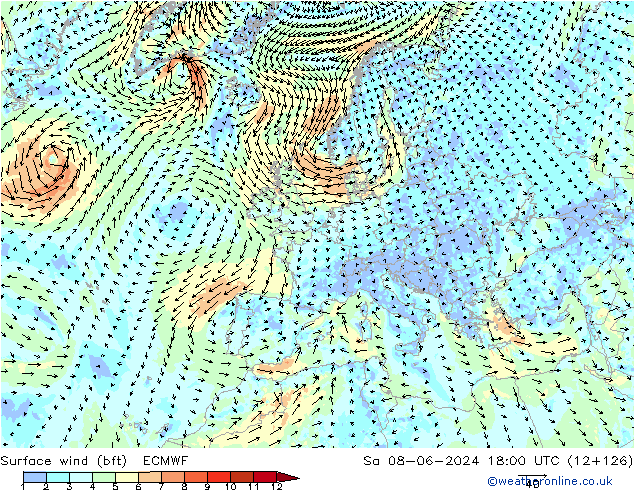 Vent 10 m (bft) ECMWF sam 08.06.2024 18 UTC