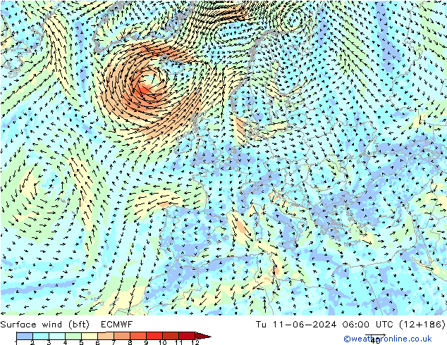 Vento 10 m (bft) ECMWF mar 11.06.2024 06 UTC