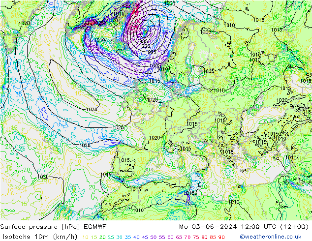 Izotacha (km/godz) ECMWF pon. 03.06.2024 12 UTC