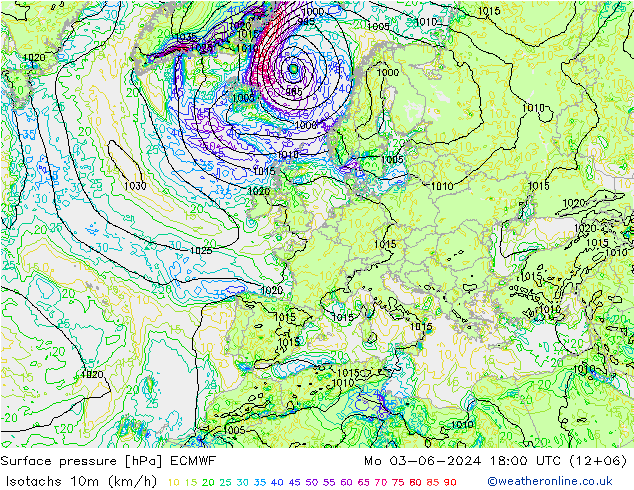 Isotachen (km/h) ECMWF ma 03.06.2024 18 UTC