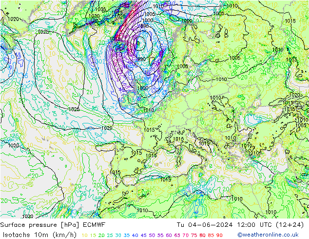 Isotachen (km/h) ECMWF Di 04.06.2024 12 UTC