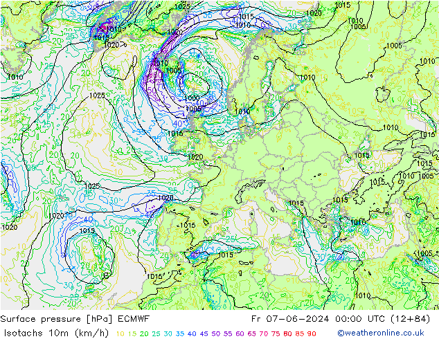 Isotachen (km/h) ECMWF Fr 07.06.2024 00 UTC