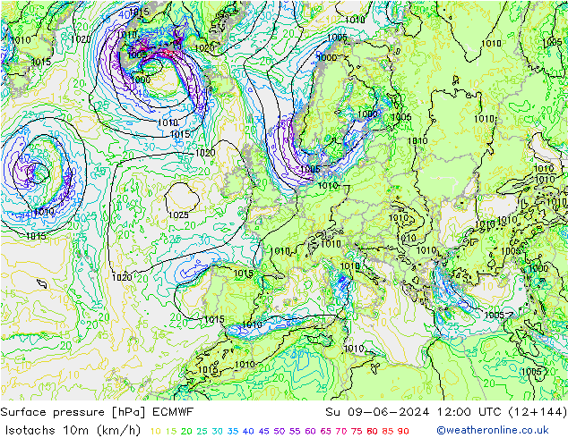 Isotachs (kph) ECMWF Вс 09.06.2024 12 UTC