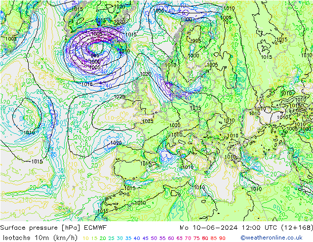 Isotachen (km/h) ECMWF Mo 10.06.2024 12 UTC