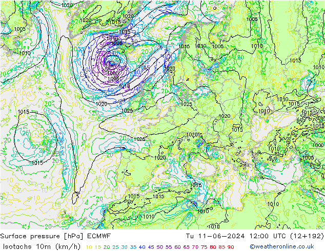 Isotachs (kph) ECMWF Ter 11.06.2024 12 UTC