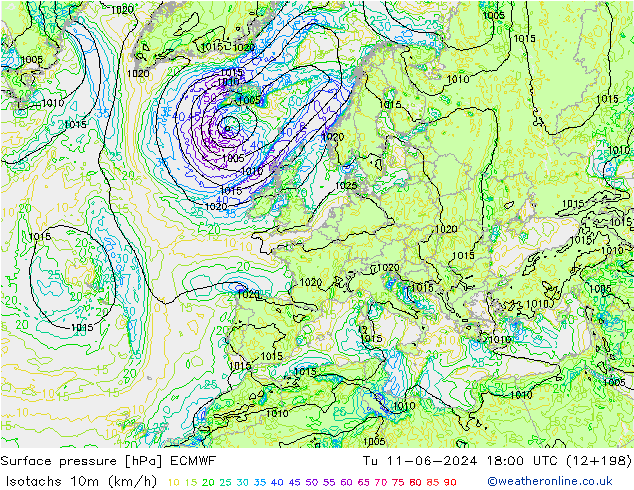 Isotachen (km/h) ECMWF Di 11.06.2024 18 UTC