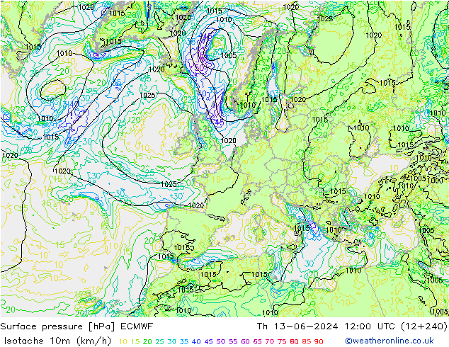 Isotachs (kph) ECMWF Čt 13.06.2024 12 UTC