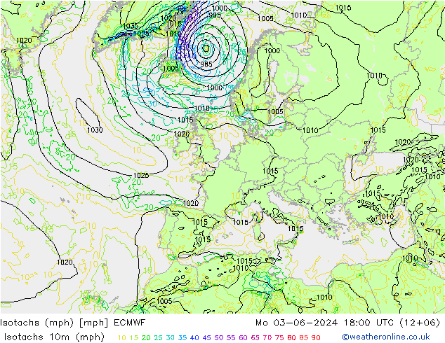 Isotachen (mph) ECMWF Mo 03.06.2024 18 UTC