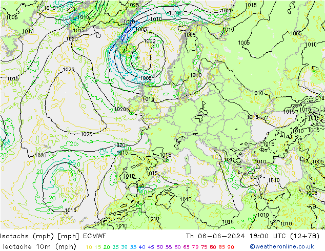 Isotachs (mph) ECMWF Čt 06.06.2024 18 UTC