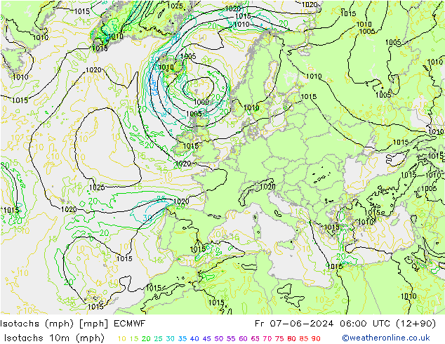 Isotachs (mph) ECMWF пт 07.06.2024 06 UTC