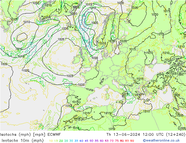 Isotachs (mph) ECMWF Th 13.06.2024 12 UTC