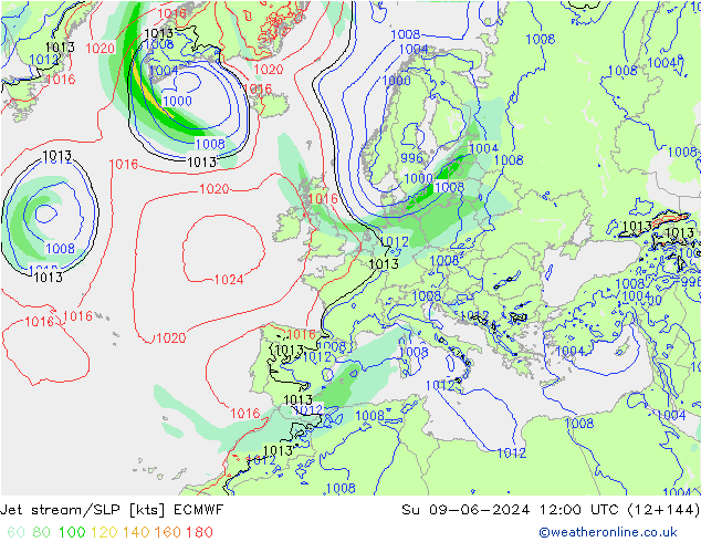 джет/приземное давление ECMWF Вс 09.06.2024 12 UTC