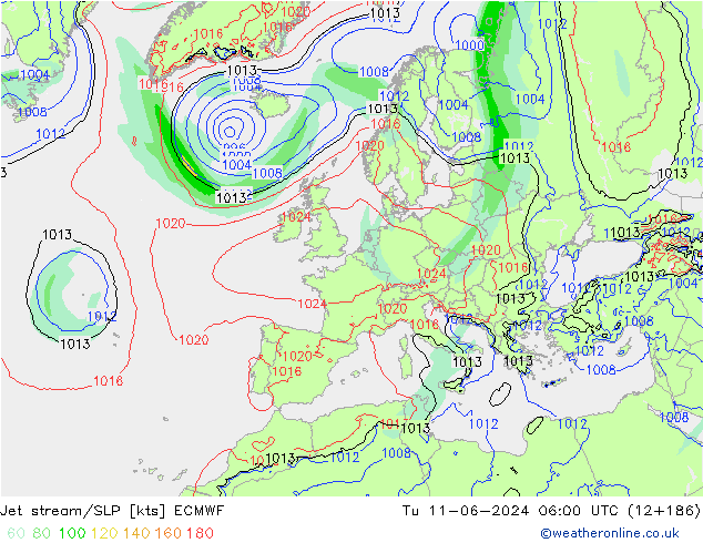 Jet stream/SLP ECMWF Tu 11.06.2024 06 UTC