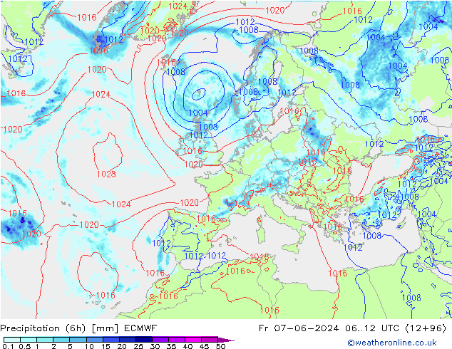 Z500/Rain (+SLP)/Z850 ECMWF vie 07.06.2024 12 UTC