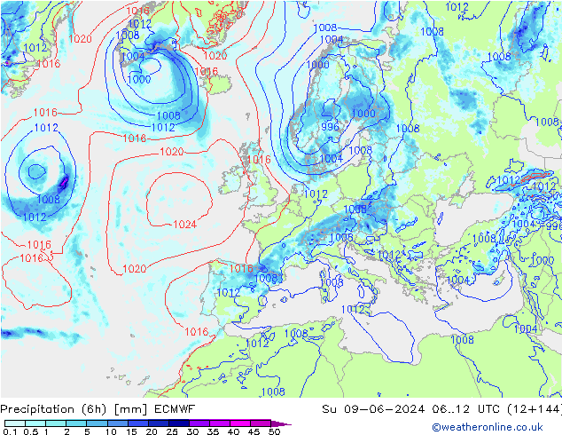 Z500/Rain (+SLP)/Z850 ECMWF So 09.06.2024 12 UTC