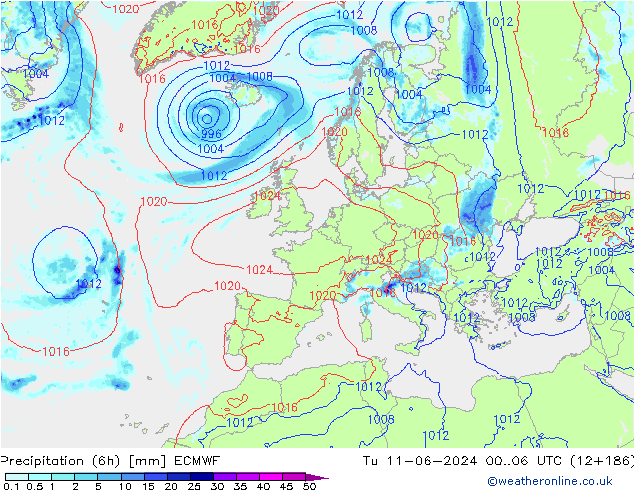 Precipitazione (6h) ECMWF mar 11.06.2024 06 UTC