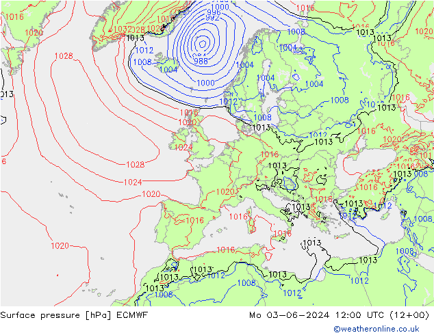 Surface pressure ECMWF Mo 03.06.2024 12 UTC