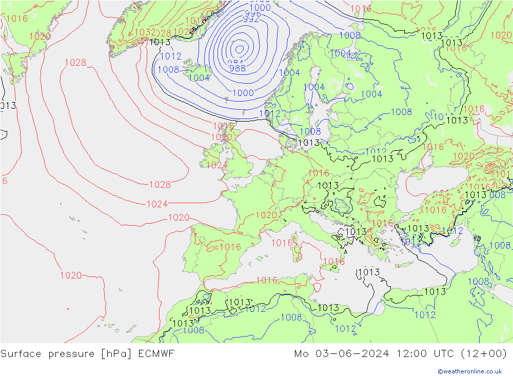 Surface pressure ECMWF Mo 03.06.2024 12 UTC