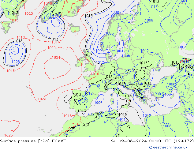 Luchtdruk (Grond) ECMWF zo 09.06.2024 00 UTC