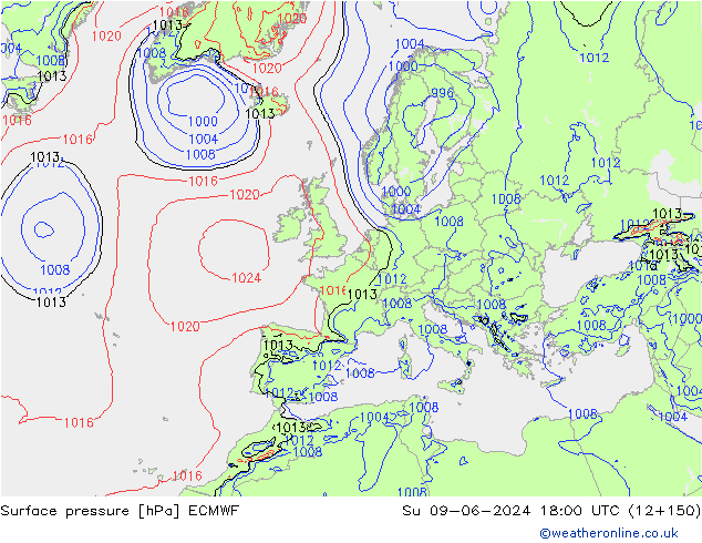 Presión superficial ECMWF dom 09.06.2024 18 UTC