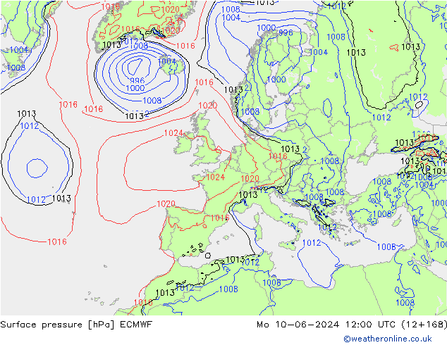 Atmosférický tlak ECMWF Po 10.06.2024 12 UTC