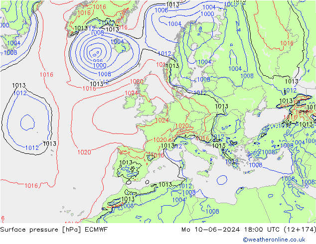 Presión superficial ECMWF lun 10.06.2024 18 UTC