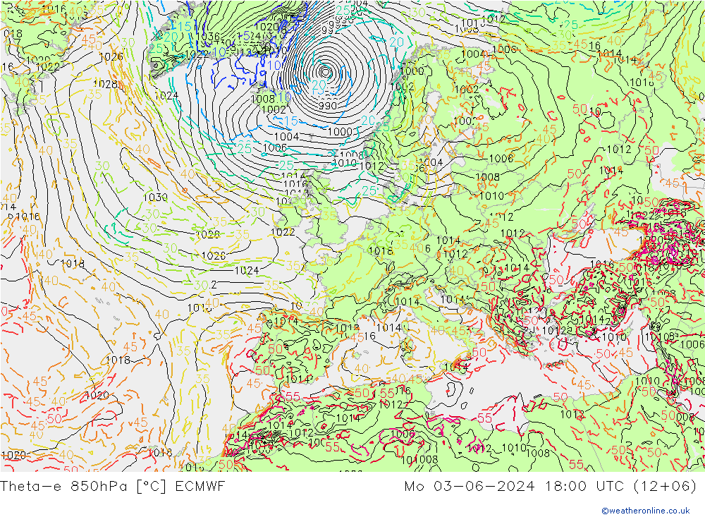 Theta-e 850hPa ECMWF lun 03.06.2024 18 UTC