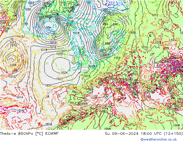 Theta-e 850hPa ECMWF dom 09.06.2024 18 UTC