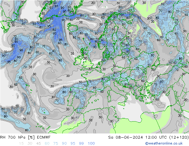 RH 700 hPa ECMWF so. 08.06.2024 12 UTC