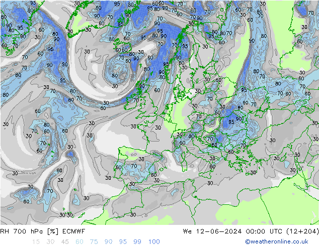 RH 700 hPa ECMWF mer 12.06.2024 00 UTC