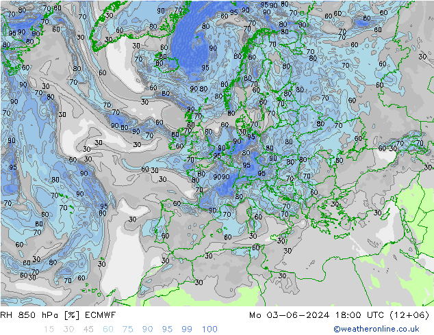 RH 850 hPa ECMWF pon. 03.06.2024 18 UTC