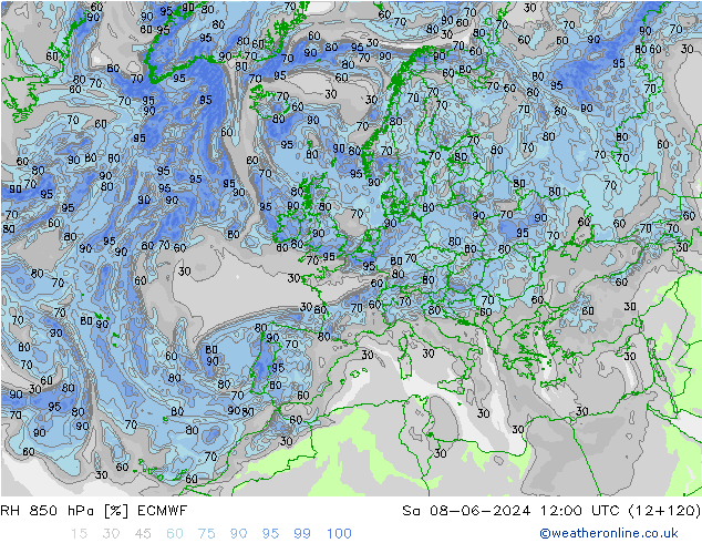 RH 850 hPa ECMWF so. 08.06.2024 12 UTC