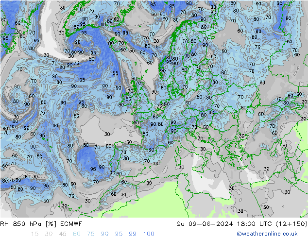 RH 850 hPa ECMWF dom 09.06.2024 18 UTC