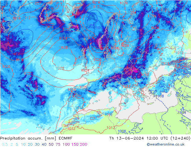 Precipitation accum. ECMWF gio 13.06.2024 12 UTC