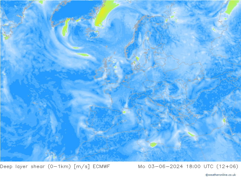 Deep layer shear (0-1km) ECMWF Pzt 03.06.2024 18 UTC