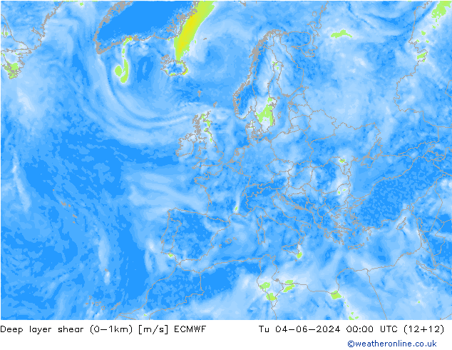 Deep layer shear (0-1km) ECMWF Di 04.06.2024 00 UTC