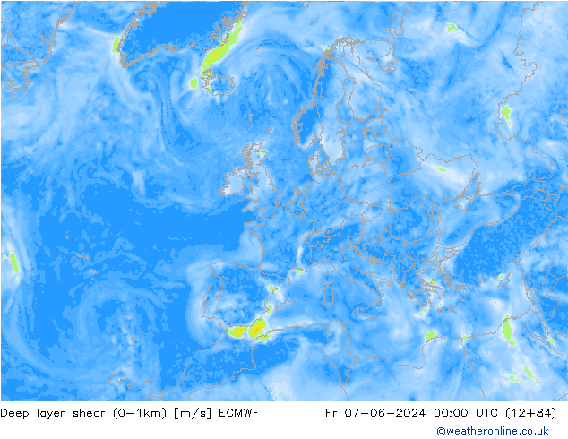 Deep layer shear (0-1km) ECMWF Sex 07.06.2024 00 UTC