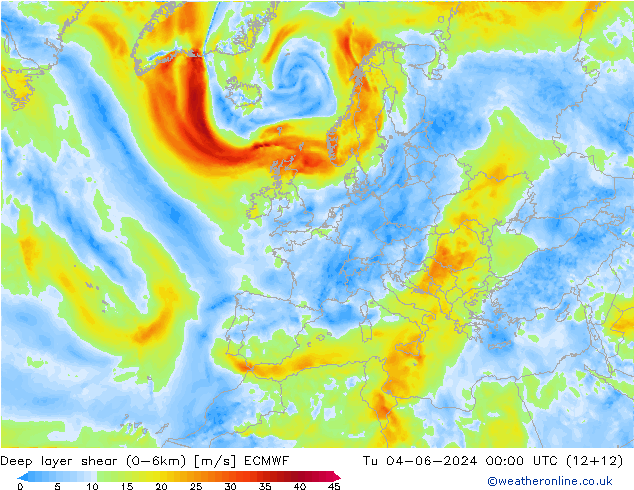 Deep layer shear (0-6km) ECMWF Di 04.06.2024 00 UTC