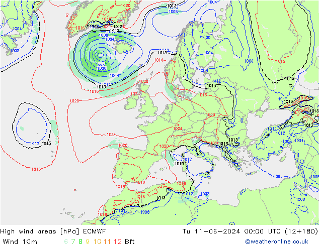 yüksek rüzgarlı alanlar ECMWF Sa 11.06.2024 00 UTC